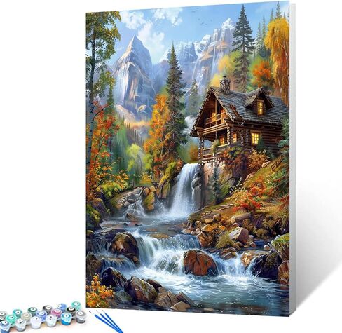 Native American Waterfall Paint by Numbers Kits 16x20 inch Canvas Red Wooden House DIY Oil Painting for Kids, Adults Beginner River with Boat Paintwork with Brushes Home Decor Boho Gift(Frameless) in Saudi Arabia