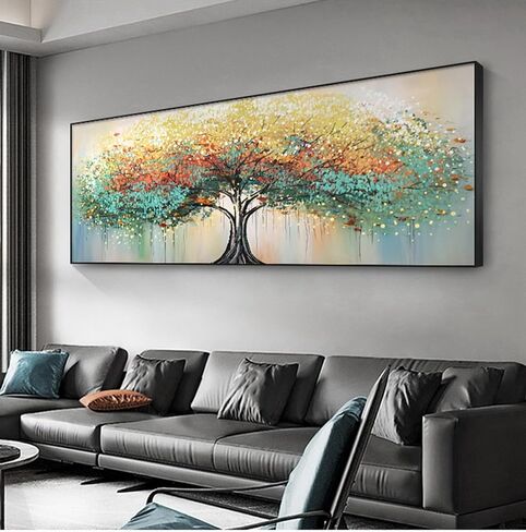 Generic Hand-Painted Tree of Life Oil Painting for Bedroom,Framed Wall Art for Living Room,Modern Tree Wall Decor for Offiice Ready to Hang 24x56inches, White,Blue,Green,Yellow in Saudi Arabia