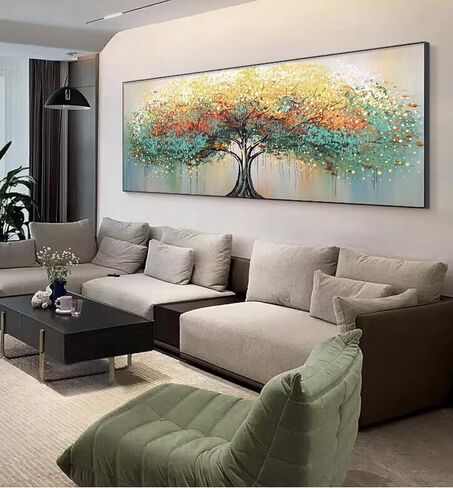 Generic Hand-Painted Tree of Life Oil Painting for Bedroom,Framed Wall Art for Living Room,Modern Tree Wall Decor for Offiice Ready to Hang 24x56inches, White,Blue,Green,Yellow in Saudi Arabia