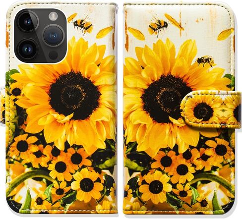 حافظة Bcov لهاتف iPhone 15 Pro Max، حافظة هاتف قلابة من الجلد على شكل نحلة عباد الشمس مع فتحة للبطاقة ومسند لهاتف iPhone 15 Pro Max in Kuwait