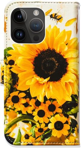 حافظة Bcov لهاتف iPhone 15 Pro Max، حافظة هاتف قلابة من الجلد على شكل نحلة عباد الشمس مع فتحة للبطاقة ومسند لهاتف iPhone 15 Pro Max in Kuwait