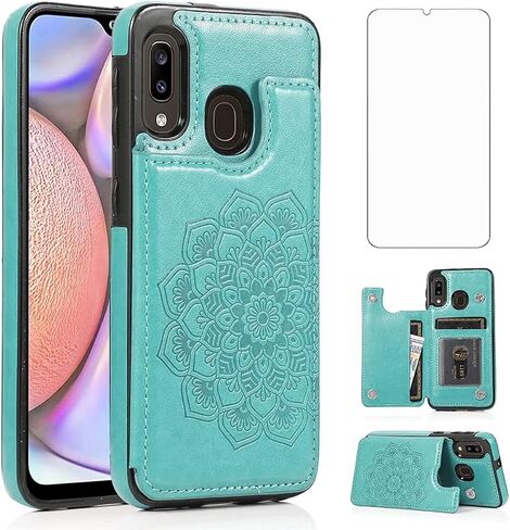 Design for Samsung Galaxy A20/A30/M10S Case with Tempered Glass Screen Protector Credit Card Holder Slot, PU Leather Wallet Phone Cases Stand Kickstand Protective Cover for Glaxay A 20 Men Black in Kuwait