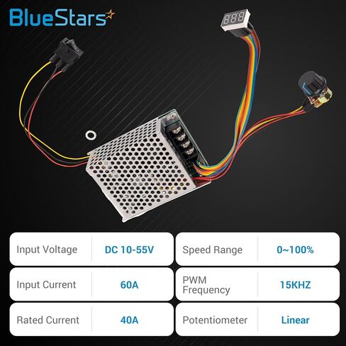 BlueStars 10-55V 12V 24V 36V 48V 60A 15KHZ PWM DC مفتاح تحكم في سرعة المحرك المصقول مع شاشة LED، تحكم بدون خطوات، ومفتاح عكسي للفرامل الأمامية لتنظيم عجلات الطاقة in Saudi Arabia