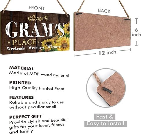 Gram Gifts Grandma Gifts Sunflower Gifts for Women Birthday Gifts for Nana Mimi Nanny Gigi Granny Decorative Front Door Home Wall Decor Wood Hanging Sign Vintage Wall Art, Welcome to Gram's Place in Saudi Arabia
