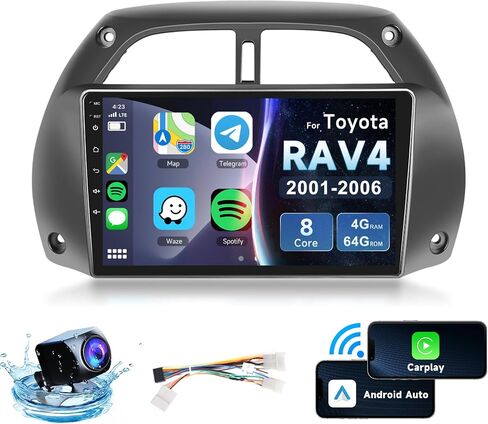 راديو سيارة 8 CORE 4G+64G لسيارة Toyota RAV4 2001-2006 مع CarPlay/Android Auto، Podofo 9 بوصة 1280 * 720P IPS شاشة لمس ستيريو Android 13 GPS WiFi Bluetooth DSP SWC + كاميرا احتياطية عالية الدقة in Saudi Arabia