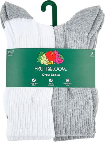 Fruit of the Loom Athletic Crew Socks for Men, 8 Pair Multi Pack - Cushioned, Breathable, Arch Support, Size 6-12 in Saudi Arabia
