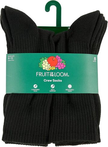 Fruit of the Loom Athletic Crew Socks for Men, 8 Pair Multi Pack - Cushioned, Breathable, Arch Support, Size 6-12 in Saudi Arabia