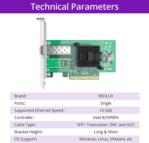 10GB PCI-e Network Card(NIC) with Intel 82599EN Chip, Signle SFP+ Port, Compare to Intel X520-DA1, PCIE 2.0 X8, Support Windows/Windows Server/Linux/Vmware Esxi in Saudi Arabia