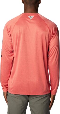 Columbia Men's Standard Terminal Tackle Long Sleeve Shirt, Sunset Red Heather/Collegiate Navy Logo, Large in Saudi Arabia