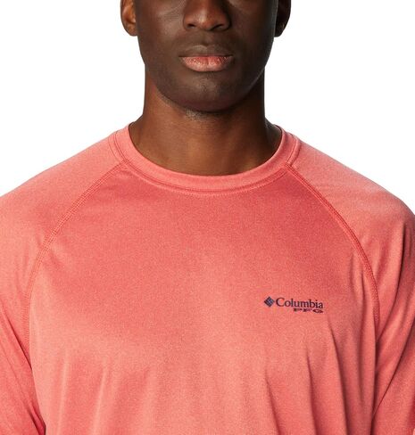 Columbia Men's Standard Terminal Tackle Long Sleeve Shirt, Sunset Red Heather/Collegiate Navy Logo, Large in Saudi Arabia