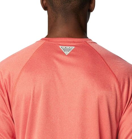 Columbia Men's Standard Terminal Tackle Long Sleeve Shirt, Sunset Red Heather/Collegiate Navy Logo, Large in Saudi Arabia