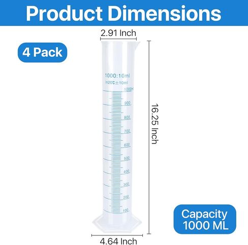 4 عبوات من أسطوانة بلاستيكية متدرجة سعة 1000 مل، مجموعة أسطوانة قياس شفافة مع فوهة صب، أنبوب اختبار معمل بلاستيكي على الوجهين للمشروعات العلمية ومستلزمات المختبرات in Kuwait