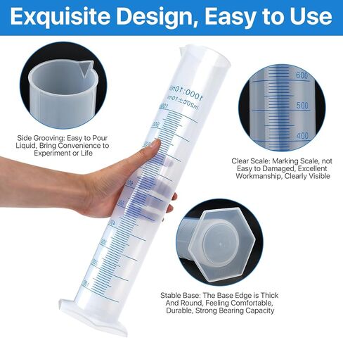 4 عبوات من أسطوانة بلاستيكية متدرجة سعة 1000 مل، مجموعة أسطوانة قياس شفافة مع فوهة صب، أنبوب اختبار معمل بلاستيكي على الوجهين للمشروعات العلمية ومستلزمات المختبرات in Kuwait