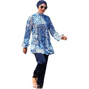 Burkini Swimsuit for Women, Modest Swimsuits, Easy Dry, Blue Tile Pattern 4 Pieces with Scarf – by Huma&Hazel