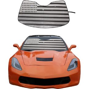 Windshield Sunshade Fit for Chevrolet Corvette C7 2014-2019, Folding Car Sun Shade for Front Window, Auto Sun Protection Visors Blocks UV Rays and Keeps Vehicle Cool (1PCS, American Flag Pattern)