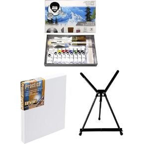 Bob Ross Master Artist Oil Paint Set Bundle with Aluminum Table Easel & 2-Pack 12x16 Stretched Canvas for Painting (3 Items)