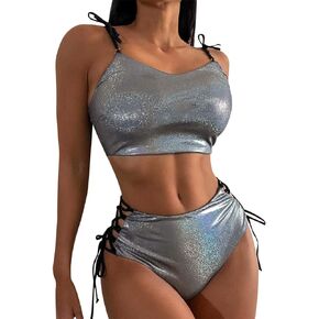 Women Rave Shiny Outfit Holographic Strappy Bikini Sets Bra Top Panty Bottom Metallic Swimsuits Dancewear