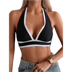 Milumia Women's Halter Tie Backless Bikini Top Color Block Wireless Bra Top Swimsuits