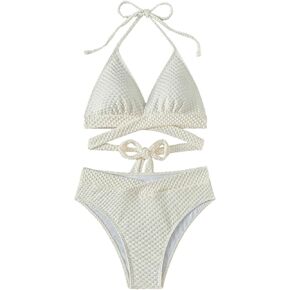 SweatyRocks Women's 2 Piece Swimwear Criss Cross Tie Backless Swimsuit Textured Halter Triangle Bikini Sets