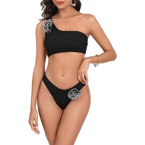 Milumia Women's 2 Piece 3D Flower Swimsuit One Shoulder Textured Ribbed Bikini Bathing Suits