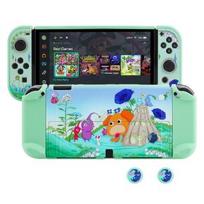 HYPERCASE PC Dockable Protective Case for Nintendo Switch, with Green Anti-Scratch Switch Cover Skin of Pikmin, 2 Switch Hard Shell Case for Joycon Grip, 2 Cute Thump Caps- for Girly or Boy