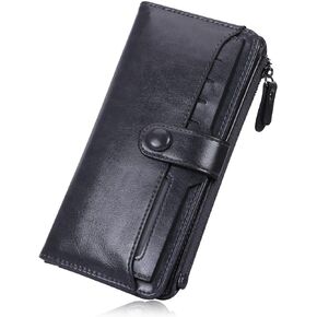 HUA ANGEL Womens Wallet Slim Thin Waxed Leather Billfold Clutch Multi Card Holder with Coin Pocket Large Capacity Long Purse