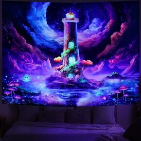 Amhokhui Blacklight Starry Sky Tapestry UV Reactive Fantasy Landscape Tapestry Trippy Nebula Tapestry Neon Galaxy Space Tapestry Nature Lighthouse Lake Tapestry Wall Hanging Decor for Home