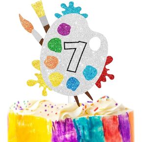 7th Slime Cake Topper - Art Themed Palette Painting Graffi Boy Girl Happy Birthday Party Decorations Supplies - Seven Years Old Birthday Cake Decor