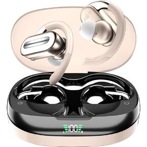 Wireless Headset Bluetooth Hanging Ear V5.4 Headset 50H Playback Bass Stereo Earbuds with LED Electricity Display Charging Case Waterproof Headset with Microphone (Flesh)