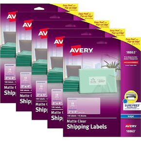 Avery Matte Clear Shipping Labels, Sure Feed Technology, Inkjet, 2" x 4", 100 Labels, 5 Packs (18863)