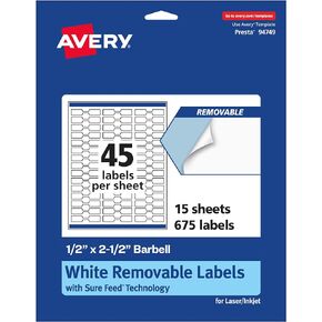 Avery Matte White Removable Barbell Labels with Sure Feed Technology, 0.5" x 2.5", 1,125 Removable Labels, Laser/Inkjet Printable Labels