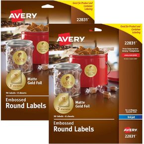 Avery Embossed 2 Inch Round Labels for Inkjet Printers Only, 96 Matte Gold Labels (22831) (2 Pack, 192 Labels Total)