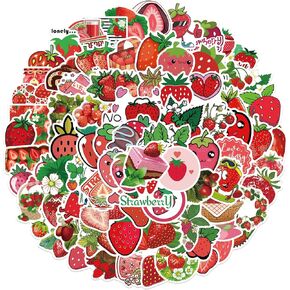 100pcs Red Strawberry Stickers Cute Stickers Vinyl Waterproof Stickers for Water Bottle Laptop Luggage Helmet Skateboard Snowboard Guitar Scrapbook Phone Gifts for Teens Girls Kids Adult