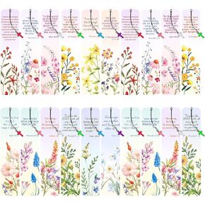 24 Pieces Christian Bookmarks for Women Flower Bible Verse Book Marks Floral Religious Bookmarks Christian Gift with 24 Pcs Cross Pendants for Reading Reward, Church Decoration (Flower Style)