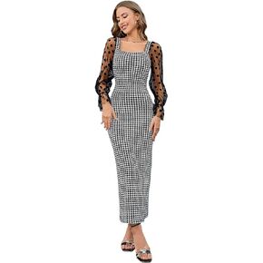 WDIRARA Women's Polka Dots Mesh Long Sleeve Square Neck Elegant Party Long Dress