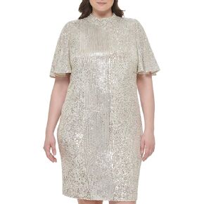 Eliza J Women's Style Sequin Sheath Flutter Sleeve Mock Neck Dress