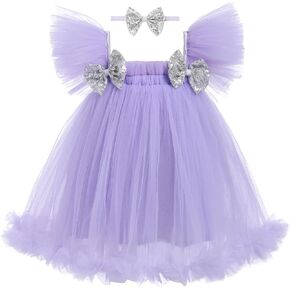 Baby Girls Tulle Tutu Dress Princess Flutter Sleeve Sequins Birthday Party Summer Beach Sundress with Headband