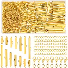 PH PandaHall 580pcs أنبوب الشريحة المشبك عدة الذهب الديكور الشريحة أنبوب الحبل ينتهي مع حلقات القفز جراد البحر مخلب المشابك سلسلة مشبك تمديد للخرزة تلوح في الأفق قلادة متعددة حبلا القرط صنع المجوهرات 7 الحجم