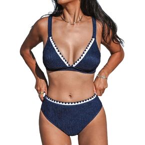 CUPSHE Women's Bikini Sets Two Piece Bathing Suit High Waisted Plunging Neck Adjustable Straps Back Hook