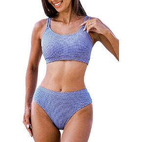 CUPSHE Women Bikini Sets Two Piece Swimsuit Scoop Neck Double Straps Mid Rise Checked Swimwear