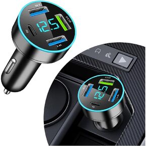 4-in-1 Fast Car Charger,PD/QC3.0/Type C Car Charger Fast Charging,Universal Car Phone Charger Cigarette Lighter USB Charger with Blue LED & Voltmeter for Car Truck SUV (QC3.0+Type-C+PD+2.4A)