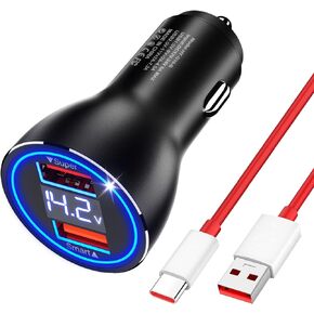 شاحن سيارة USB 80 وات لهاتف OnePlus 12R 12 مفتوح 11 شحن فائق السرعة، محول منفذ مزدوج سريع مع كابل USB C بطول 3.3 قدم ولاعة سجائر للسيارة Dash/Warp 65 شحن شحن لهاتف OnePlus 10 Pro 8 7 Nord 2T 2 Pad in Kuwait