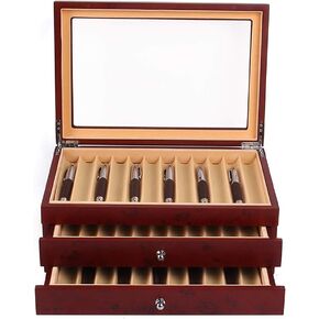 3 Layer Wood Pen Display Box 34 Pen Organizer Box,Pen Display Case Storage and Fountain Pen Collector Organizer Box with Glass Window Thanksgiving Christmas Gift(Red)