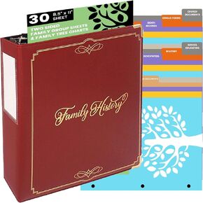 Performore Family History Binder, 3 Inch Genealogy Ring Binder Includes 30 Two Sided Large Family Group Sheets, 8.5 x 11 Inch Printed Paper with Blank Charts, Three-Hole Punch and Pen Loop