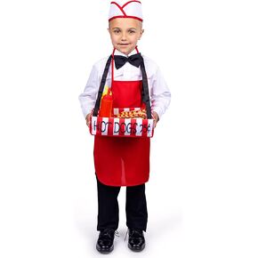 Dress Up America Waiter Costume for Kids - Hot Dog Vendor Costume Set - Red Apron Bib, Chef Hat, Bow and Accessory Set
