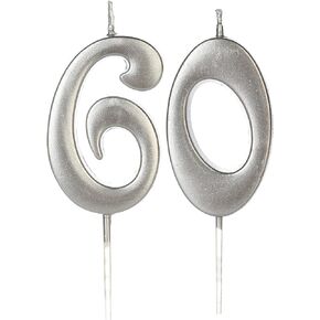 Silver 60th Birthday Candles for Cake, Number 60 6 Glitter Candle Party Anniversary Cakes Decoration for Kids Women or Men