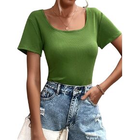 Womens T Shirt Short Sleeve Tshirt Ribbed Basic Tops Tee