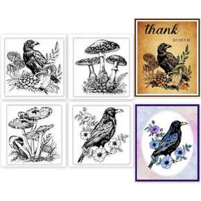 GLOBLELAND 4Pcs Mini Crows and Mushrooms Clear Stamps for DIY Scrapbooking Mini Mushrooms Flowers Silicone Clear Stamp Seals Transparent Stamps for Cards Making Photo Album Journal Home Decoration