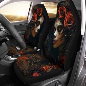 Beautiful Sugar Skull Floral Print Universal Car Seat Cover Set of 2, Thin Colorful Auto Accessories for Women