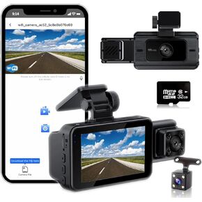 S15 Dash Camera, 1296P 3 Lens(Front+Inside+Rear) Recording WiFi App Control, 170° Wide-Angle with Night Vision,Loop Recording, G-Sensor, 24H Parking Monitor Car Camera DVR